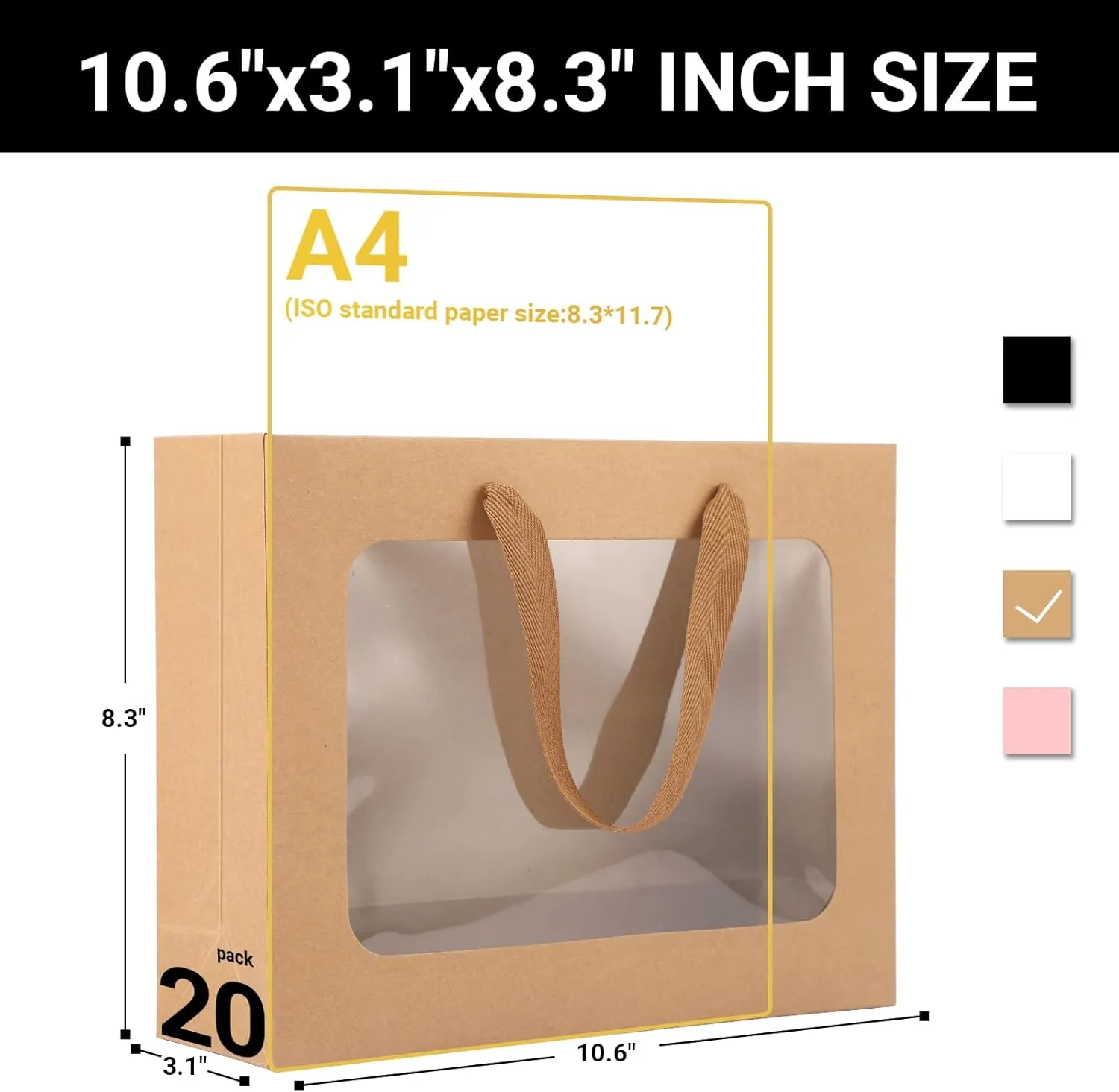 EUSOAR Gift Bags with Transparent Window, 20pcs Brown Clear Paper Tote Bags, 10.6"x3.1"x8.3" for Weddings & Festivals