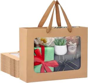 EUSOAR Gift Bags with Transparent Window, 20pcs Brown Clear Paper Tote Bags, 10.6"x3.1"x8.3" for Weddings & Festivals