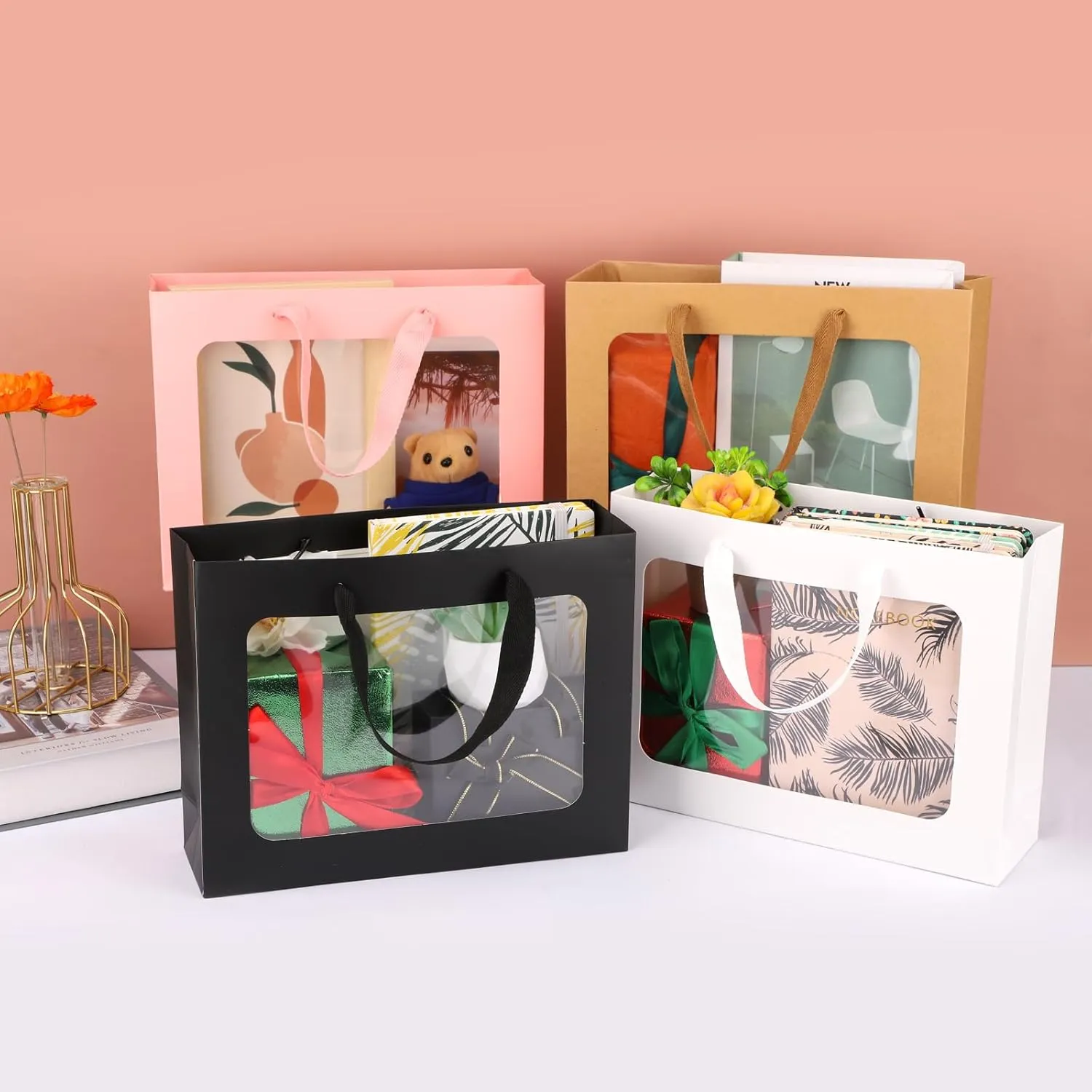 EUSOAR Gift Bags with Transparent Window, 20pcs Brown Clear Paper Tote Bags, 10.6"x3.1"x8.3" for Weddings & Festivals