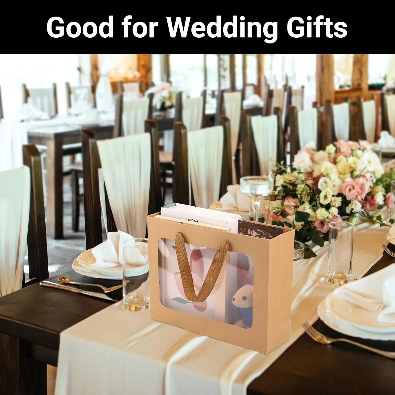 EUSOAR Gift Bags with Transparent Window, 20pcs Brown Clear Paper Tote Bags, 10.6"x3.1"x8.3" for Weddings & Festivals