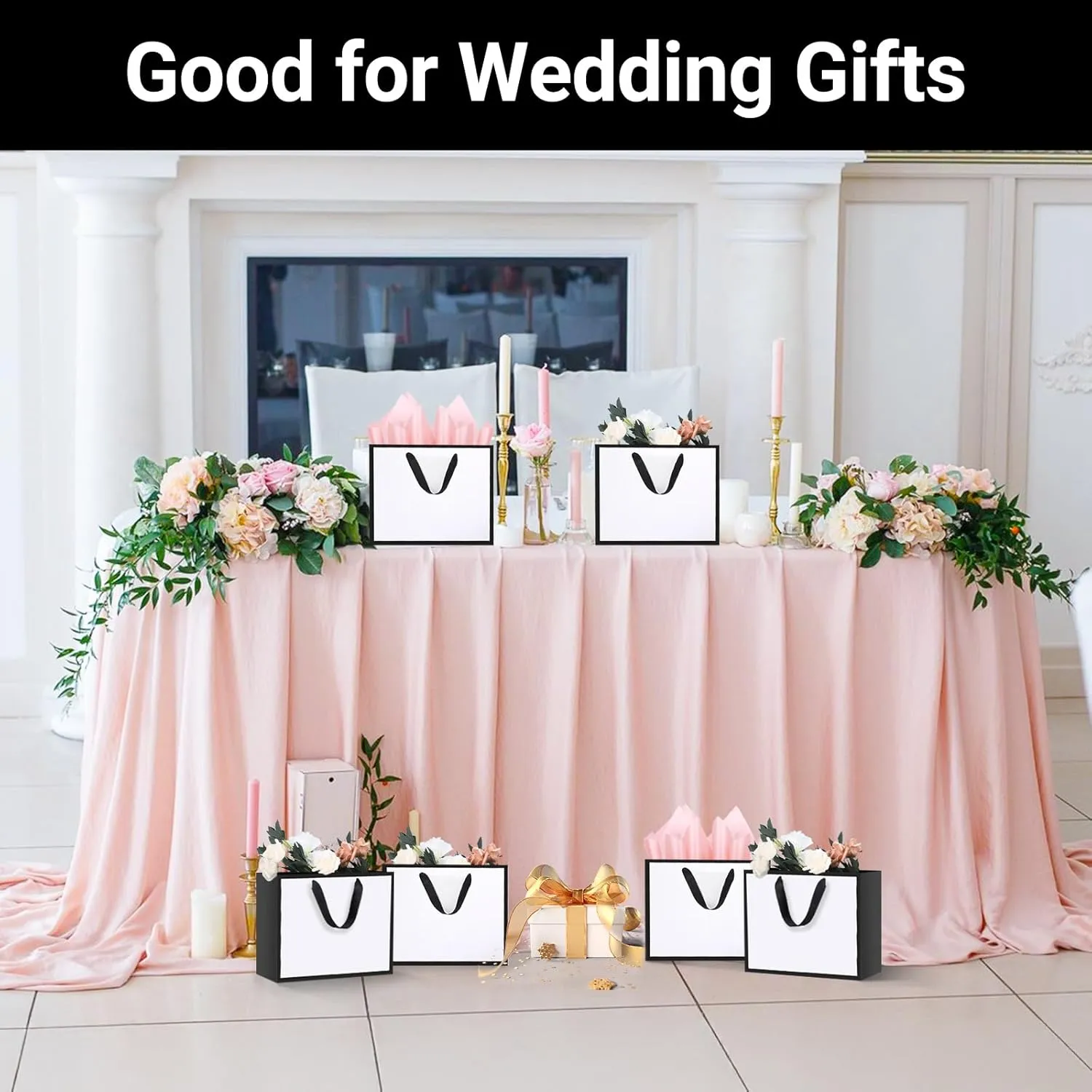 EUSOAR Small Paper Bags 12pcs 8.6"x3.9"x7" Thank You Retail Shopping & Party Favors Grocery & Gift Wrap Bags Bulk Wedding & Birthday Party & Craft Bags-White/Black