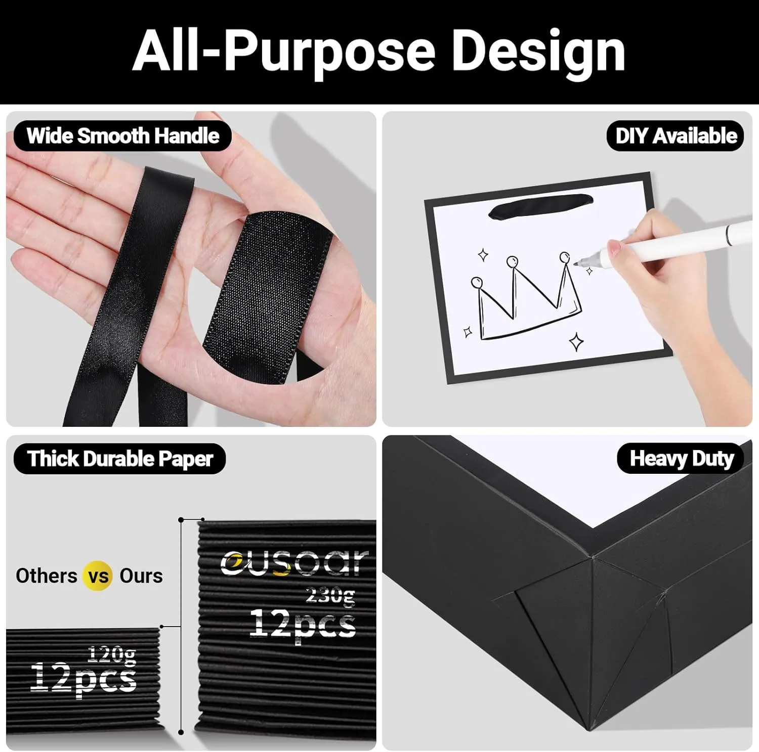 EUSOAR Small Paper Bags 12pcs 8.6"x3.9"x7" Thank You Retail Shopping & Party Favors Grocery & Gift Wrap Bags Bulk Wedding & Birthday Party & Craft Bags-White/Black