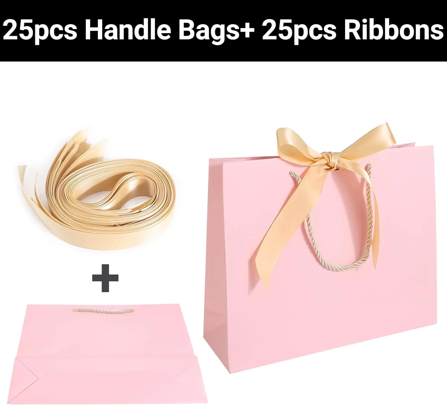 EUSOAR Thank You Gift Bags with Handles,25pcs 10.6"x3.1"x8.3" Pink Wedding Favor Bags with Bow Ribbon Handle, Shopping Party Favor Gift Treat Bags Bulk for Wedding Baby Shower Guests Bridal
