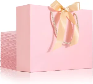 EUSOAR Thank You Gift Bags with Handles,25pcs 10.6"x3.1"x8.3" Pink Wedding Favor Bags with Bow Ribbon Handle, Shopping Party Favor Gift Treat Bags Bulk for Wedding Baby Shower Guests Bridal