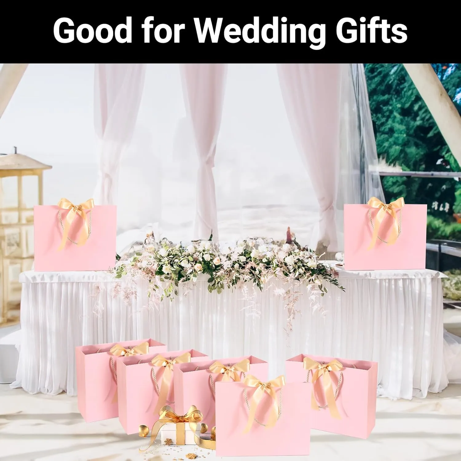 EUSOAR Thank You Gift Bags with Handles,25pcs 10.6"x3.1"x8.3" Pink Wedding Favor Bags with Bow Ribbon Handle, Shopping Party Favor Gift Treat Bags Bulk for Wedding Baby Shower Guests Bridal