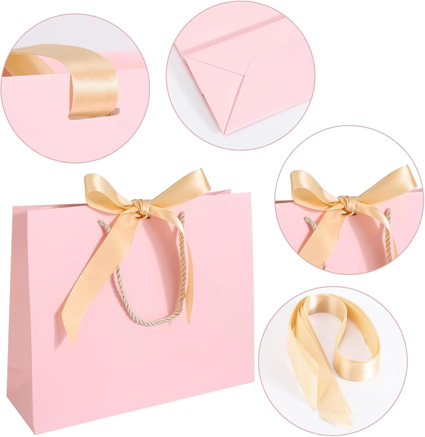 EUSOAR Thank You Gift Bags with Handles,25pcs 10.6"x3.1"x8.3" Pink Wedding Favor Bags with Bow Ribbon Handle, Shopping Party Favor Gift Treat Bags Bulk for Wedding Baby Shower Guests Bridal