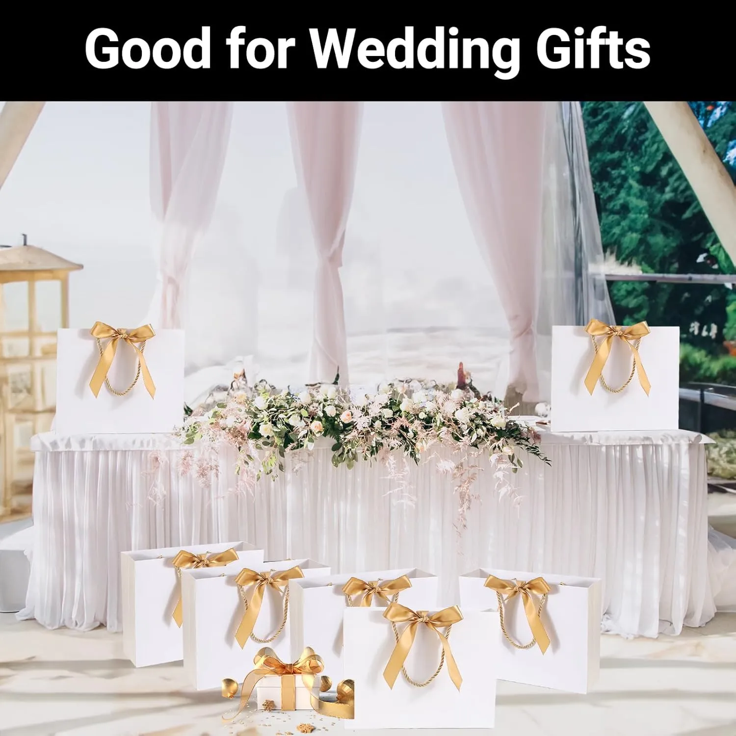 EUSOAR Thank You Gift Bags with Ribbons，50pcs 10.6"x3.1"x8.3" White Party Favor Bags with Handle, Gift Wrap Treat Bags Bulk for Wedding Baby Shower Birthday Bridesmaid Anniversary Holiday Party