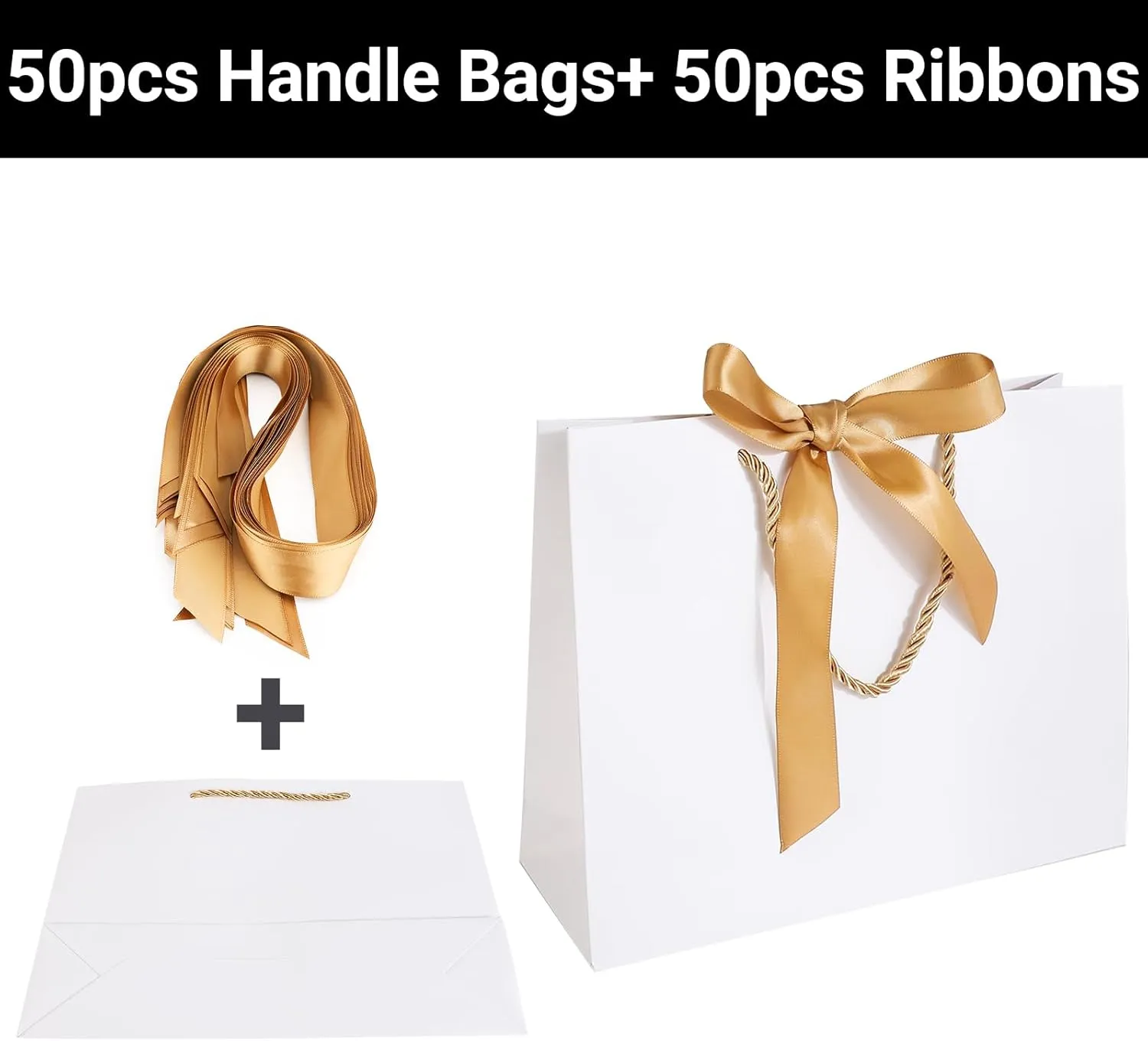 EUSOAR Thank You Gift Bags with Ribbons，50pcs 10.6"x3.1"x8.3" White Party Favor Bags with Handle, Gift Wrap Treat Bags Bulk for Wedding Baby Shower Birthday Bridesmaid Anniversary Holiday Party