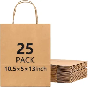 Ezselect Eco Paper Gift Bags with Handles Bulk 25Pcs [10 X 5 X 13In] Extra Thick Brown Goodie Bags for Baby Shower Birthday Party Lunch Shopping Take Out Business Wholesale Retail Kraft Paper Bag
