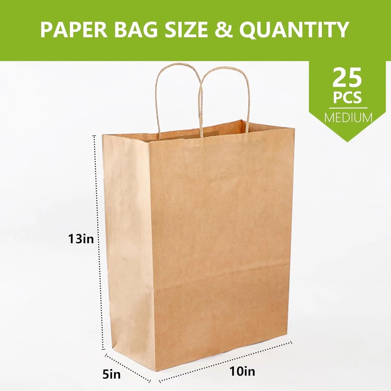 Ezselect Eco Paper Gift Bags with Handles Bulk 25Pcs [10 X 5 X 13In] Extra Thick Brown Goodie Bags for Baby Shower Birthday Party Lunch Shopping Take Out Business Wholesale Retail Kraft Paper Bag
