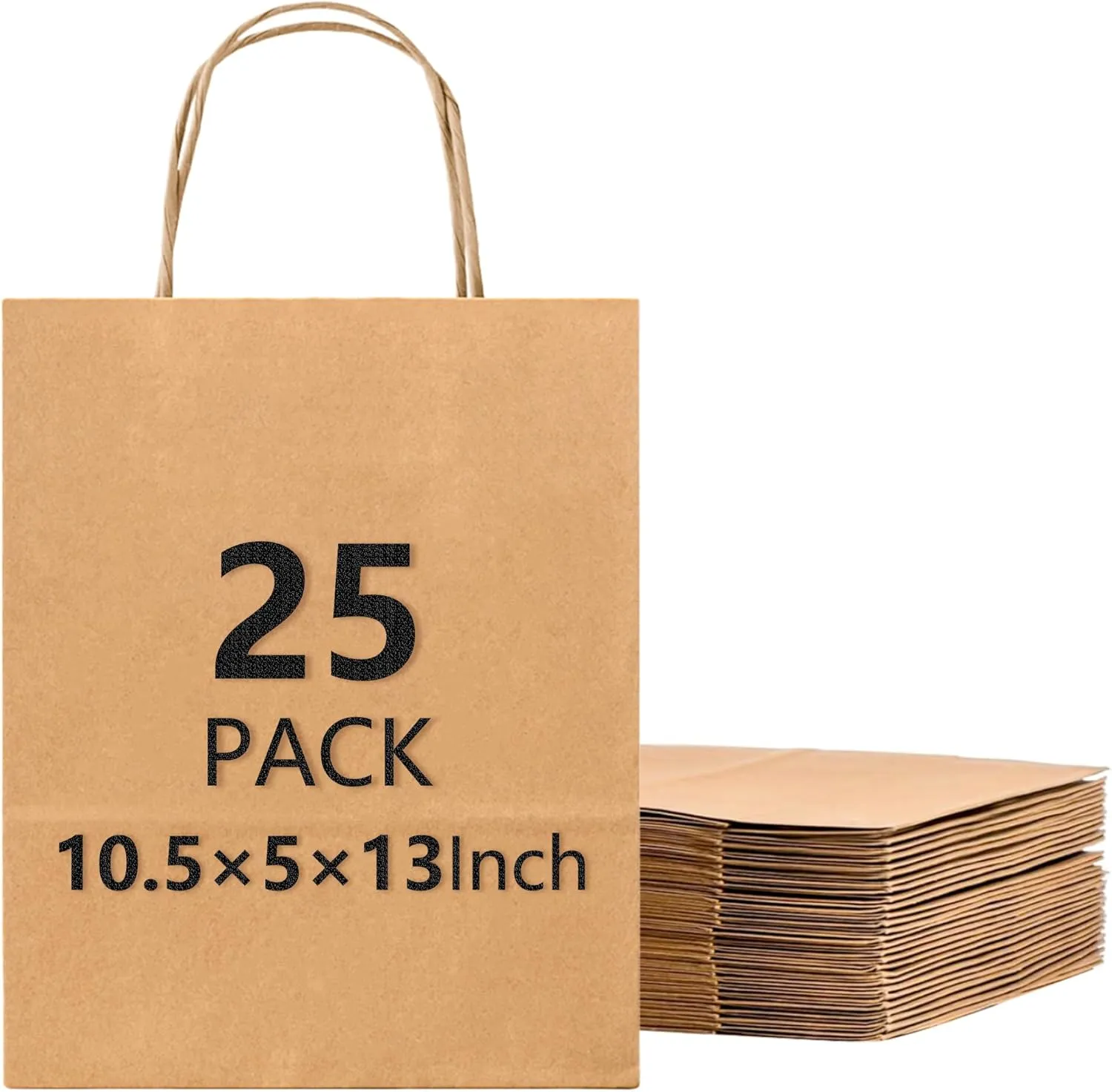 Ezselect Eco Paper Gift Bags with Handles Bulk 25Pcs [10 X 5 X 13In] Extra Thick Brown Goodie Bags for Baby Shower Birthday Party Lunch Shopping Take Out Business Wholesale Retail Kraft Paper Bag
