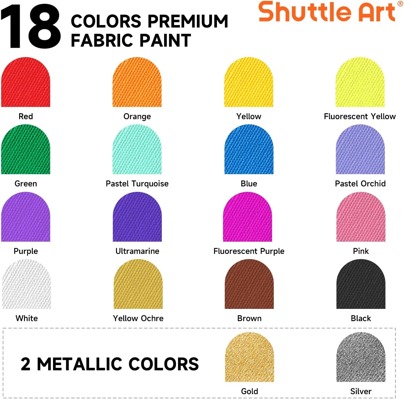 Fabric Paint, Shuttle Art 18 Colors Permanent Soft Fabric Paint in Bottles (60ml/2oz) with Brushes, Palette, Stencils, Non-Toxic Textile Paint for T-Shirts, Shoes, Jeans, Bags, DIY Projects&Art