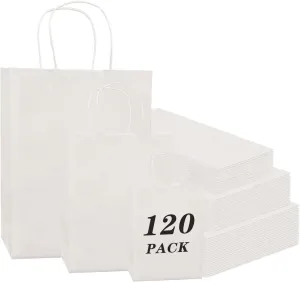 FACEBAG 120 Pack White Kraft Paper Bags with Handles Bulk, Assorted Sizes Gift Bags for Favors Grocery，Retail，Party，Festival，Wedding，Birthday，Shopping，Business，Goody Craft Merchandise Take Out Sacks