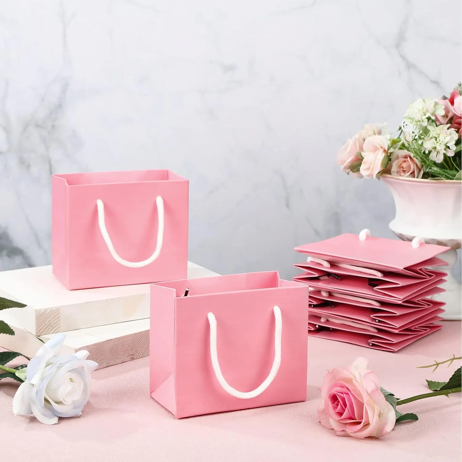 Fainne 24 Pcs Extra Small Gift Bag Mini Gift Bags with Handle for Card Wedding Baby Shower Mother Favor Birthday Party Wrapping Supplies(4 x 5 x 2 Inch,Pink)