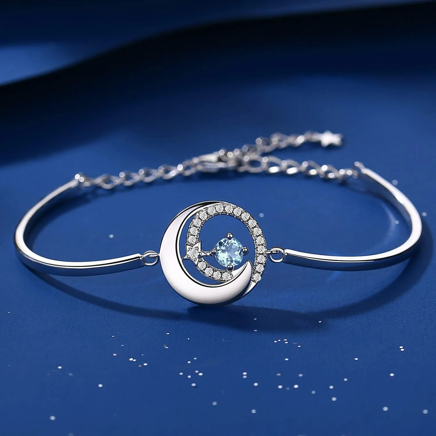 FANCIME Birthstone Bracelets 925 Sterling Silver Moon and Star Bangle Charm Bracelet Fine Jewelry Birthday Anniversary Christmas Day Gift for Her Women, Adjustable Chain 6.7" 1.2" Extend