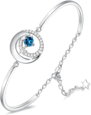 FANCIME Birthstone Bracelets 925 Sterling Silver Moon and Star Bangle Charm Bracelet Fine Jewelry Birthday Anniversary Christmas Day Gift for Her Women, Adjustable Chain 6.7" 1.2" Extend