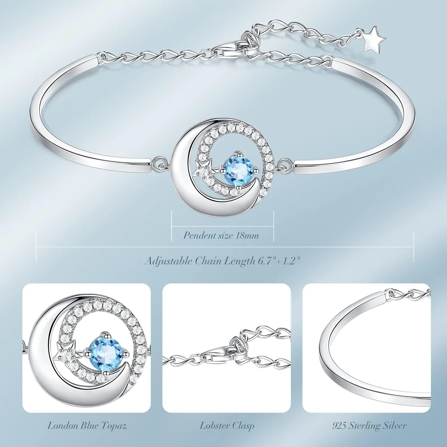 FANCIME Birthstone Bracelets 925 Sterling Silver Moon and Star Bangle Charm Bracelet Fine Jewelry Birthday Anniversary Christmas Day Gift for Her Women, Adjustable Chain 6.7" 1.2" Extend