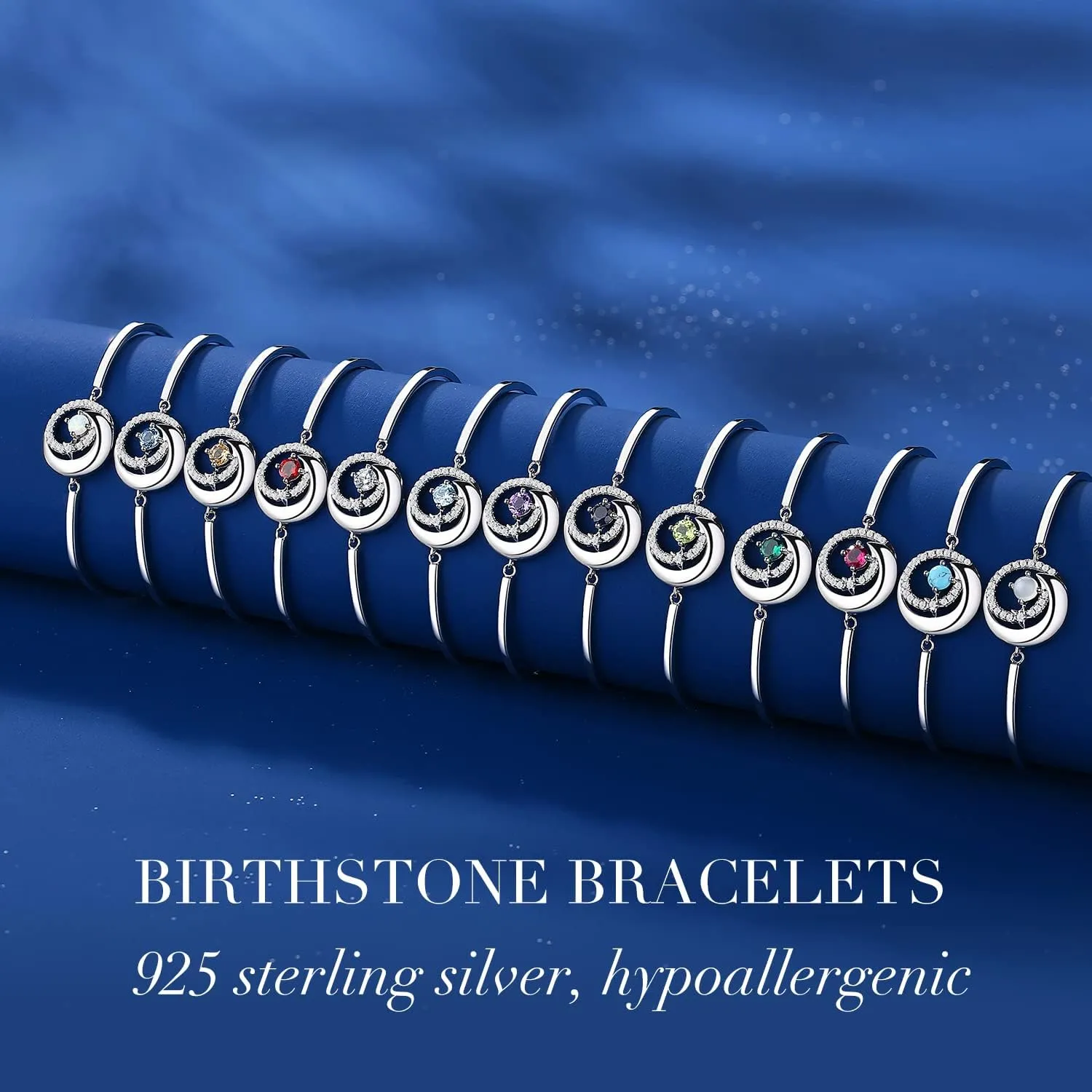 FANCIME Birthstone Bracelets 925 Sterling Silver Moon and Star Bangle Charm Bracelet Fine Jewelry Birthday Anniversary Christmas Day Gift for Her Women, Adjustable Chain 6.7" 1.2" Extend