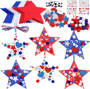 Fancy Land 4th of July Star Craft Kits DIY Patriotic Foam Stickers Pom Poms Art Crafts for Kids Independence Day Fourth of July Memorial Day Party Favors School Classroom Activities 12 Sets