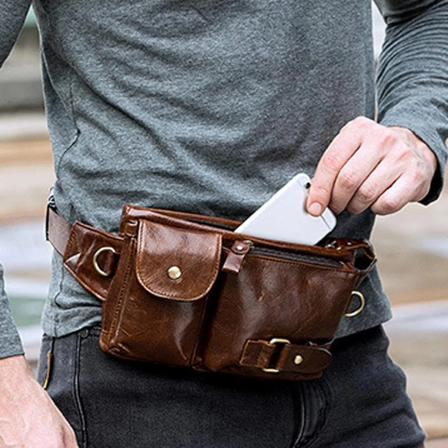 Fanny Pack Genuine Leather Waist Packs Men Belt Bag Phone Bags Travel Waist Pack Male Bag Leather(Matte)