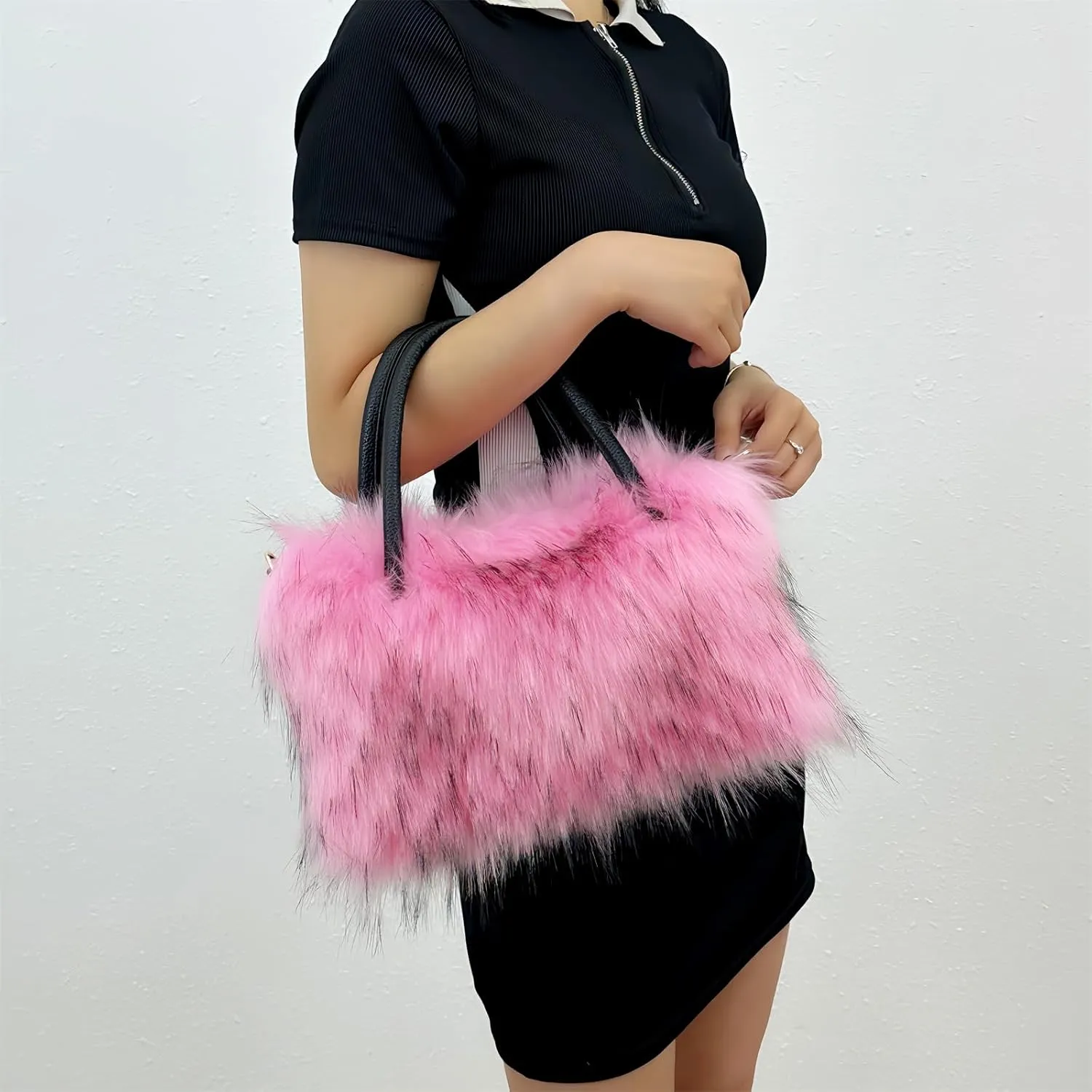 Faux Fur Tote Bag Women's Shoulder Handbags Fluffy Handbags Cute Soft Fluffy Purse Furry Bag for Shopping Working, Pink