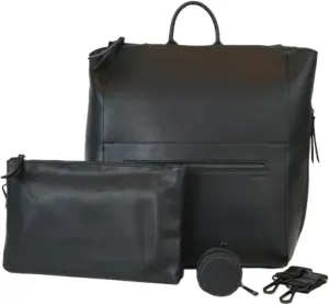 FAWN DESIGN Diaper Bag Bundle, Square Faux Leather Diaper Bag Backpack with Changing Diaper Clutch, Pacifier Holder Case and Stroller Hooks, Vegan Leather Baby Bag for Mom, 15 x 12 x 8 inches, Black