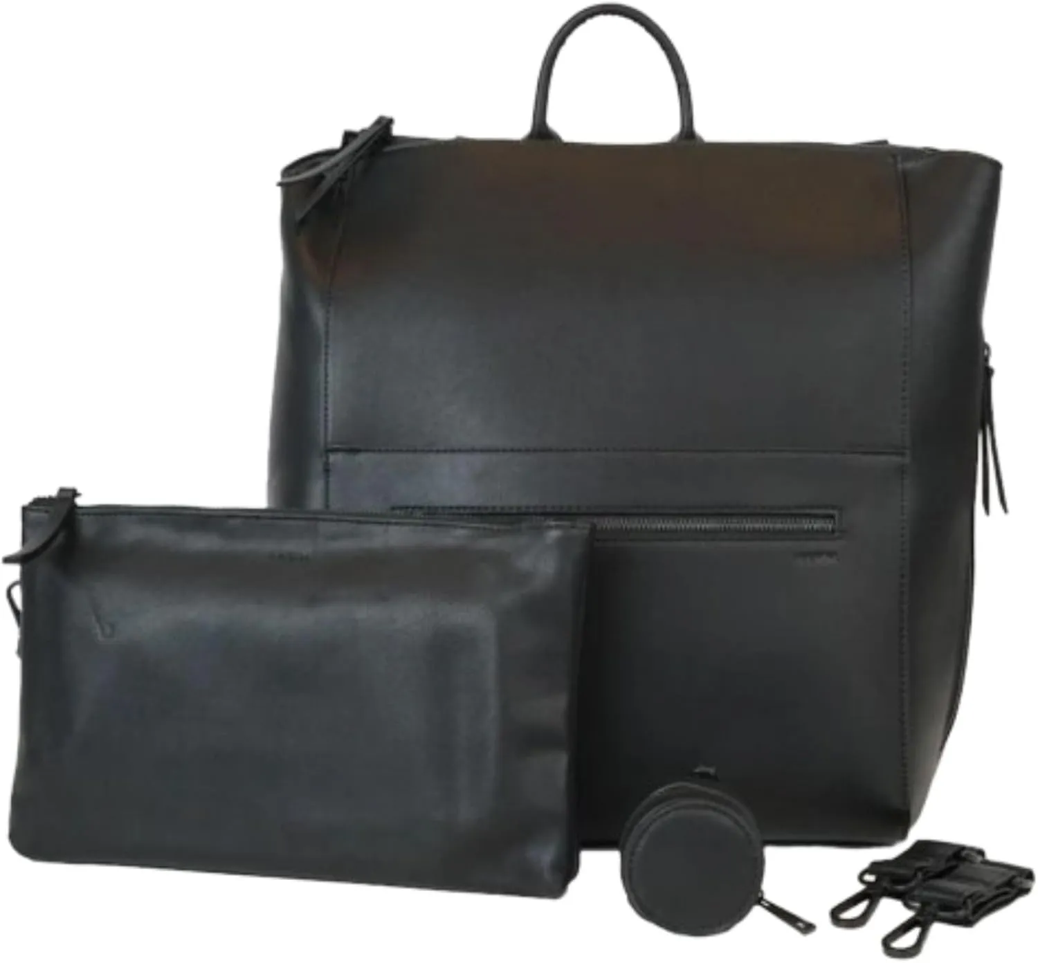 FAWN DESIGN Diaper Bag Bundle, Square Faux Leather Diaper Bag Backpack with Changing Diaper Clutch, Pacifier Holder Case and Stroller Hooks, Vegan Leather Baby Bag for Mom, 15 x 12 x 8 inches, Black