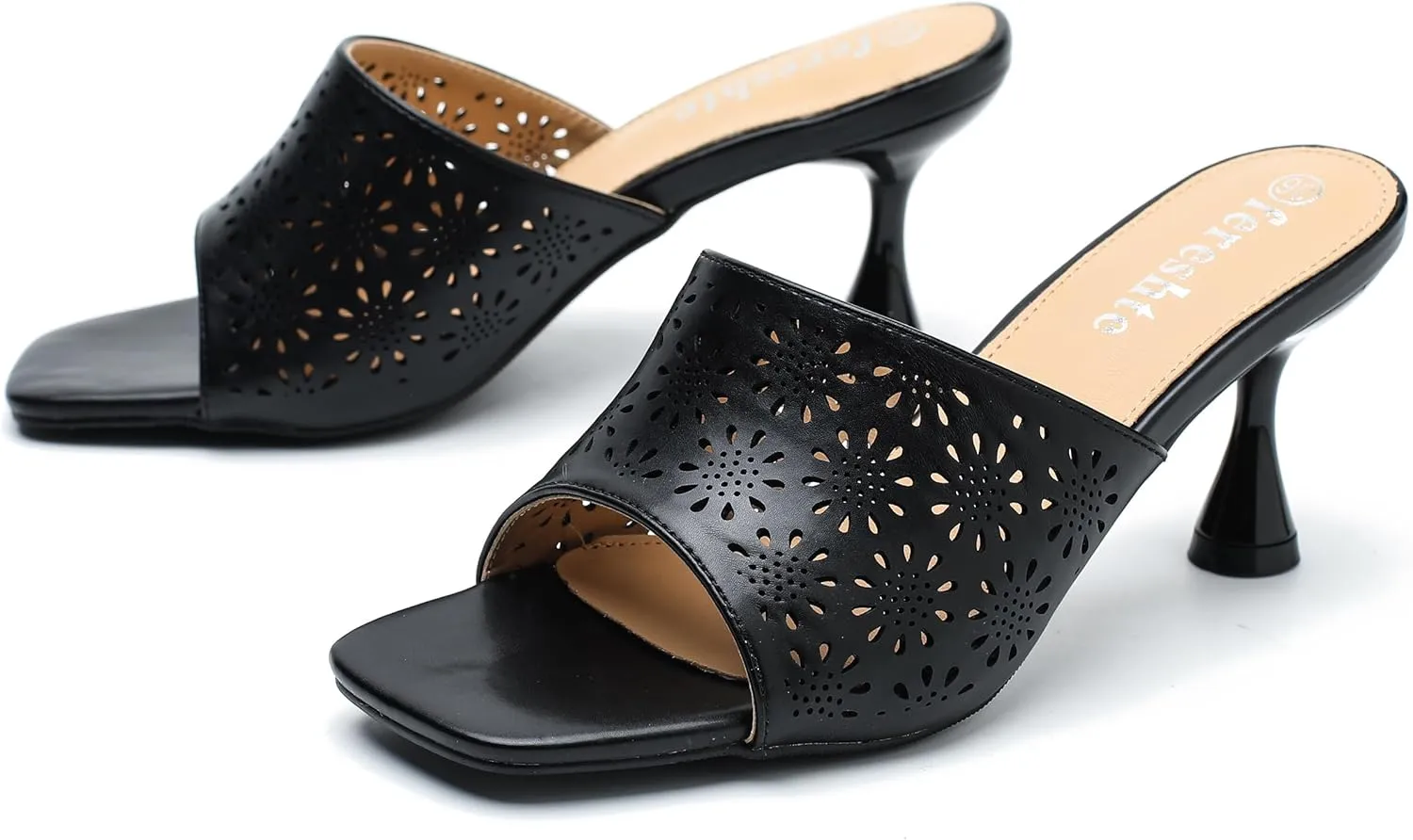 fereshte Womens Hollow Out Flower Sandals Slip On Sandals Square Toe Kitten Heeled Mules