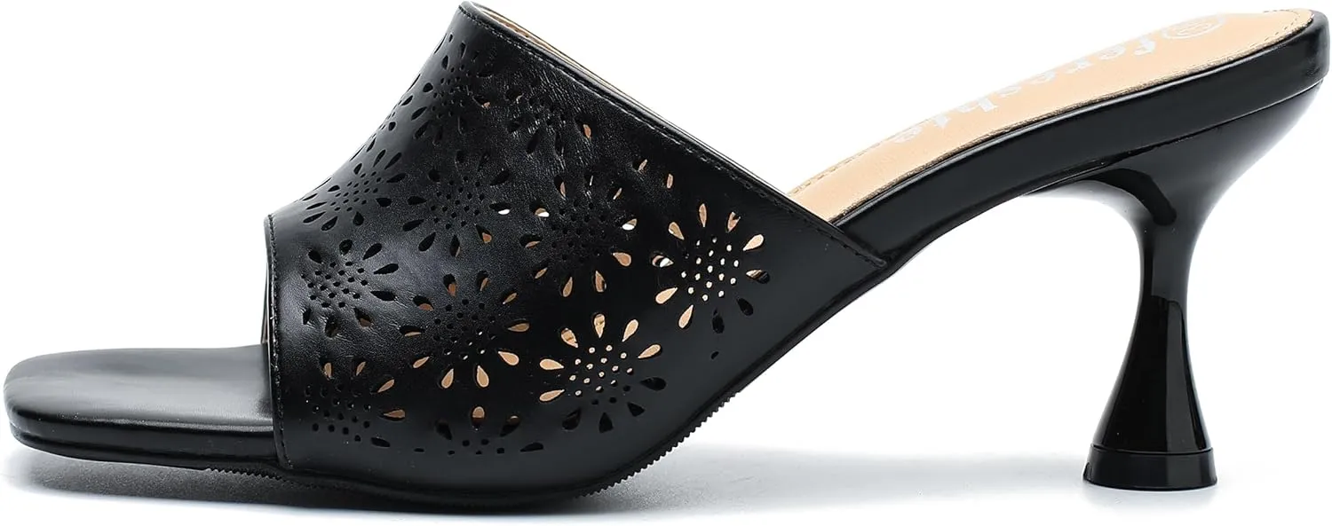 fereshte Womens Hollow Out Flower Sandals Slip On Sandals Square Toe Kitten Heeled Mules