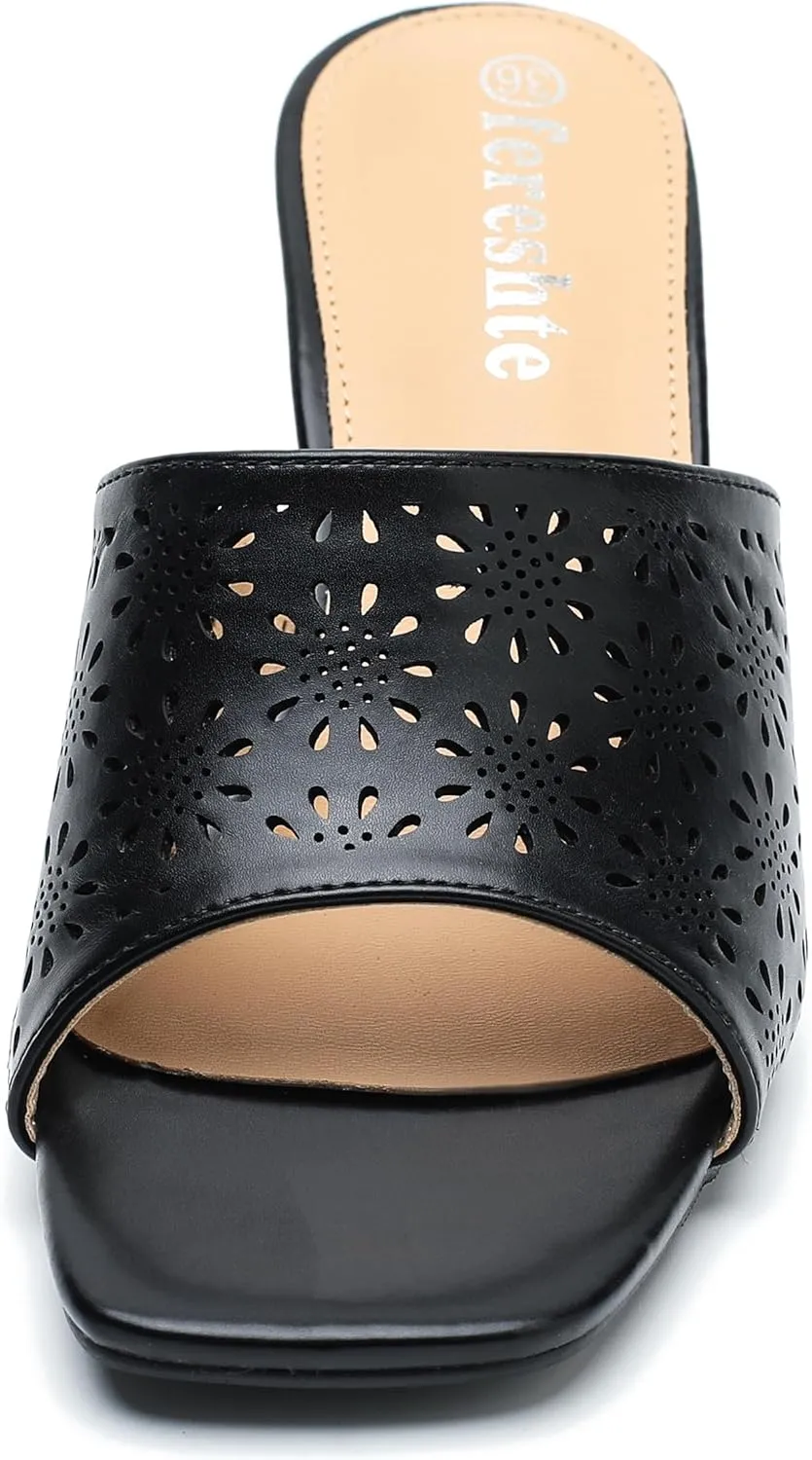 fereshte Womens Hollow Out Flower Sandals Slip On Sandals Square Toe Kitten Heeled Mules