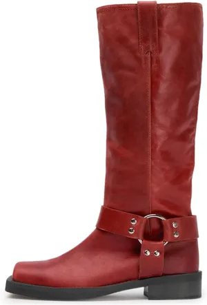 FIFSY Women's Knee High Boots Slip On Riding Boots Buckle Boots for Women Sexy Squared Toe Low Chunky High Heel Tall Motorcycle Boots Women's Low Heel 1-2" Boots Dance Party Booties