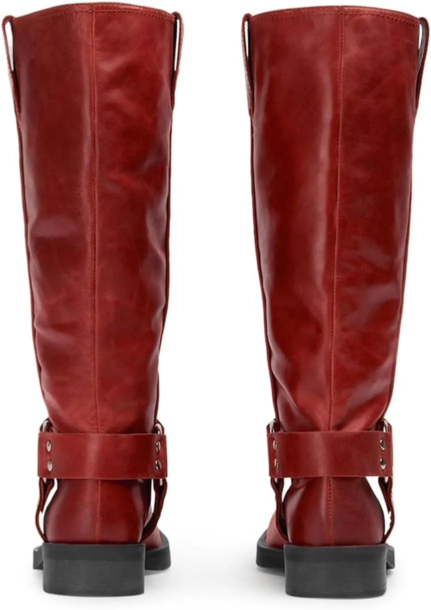 FIFSY Women's Knee High Boots Slip On Riding Boots Buckle Boots for Women Sexy Squared Toe Low Chunky High Heel Tall Motorcycle Boots Women's Low Heel 1-2" Boots Dance Party Booties
