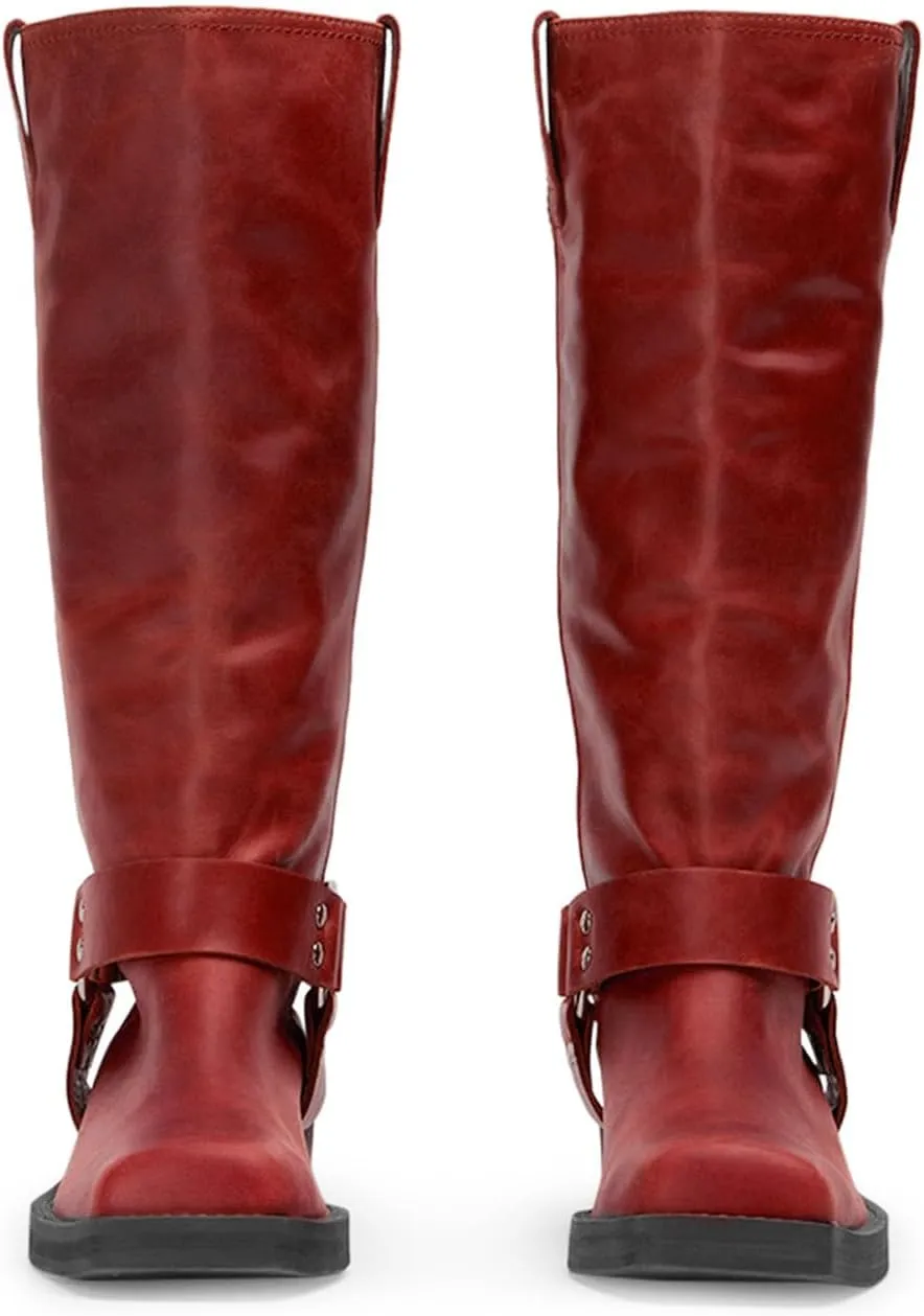 FIFSY Women's Knee High Boots Slip On Riding Boots Buckle Boots for Women Sexy Squared Toe Low Chunky High Heel Tall Motorcycle Boots Women's Low Heel 1-2" Boots Dance Party Booties