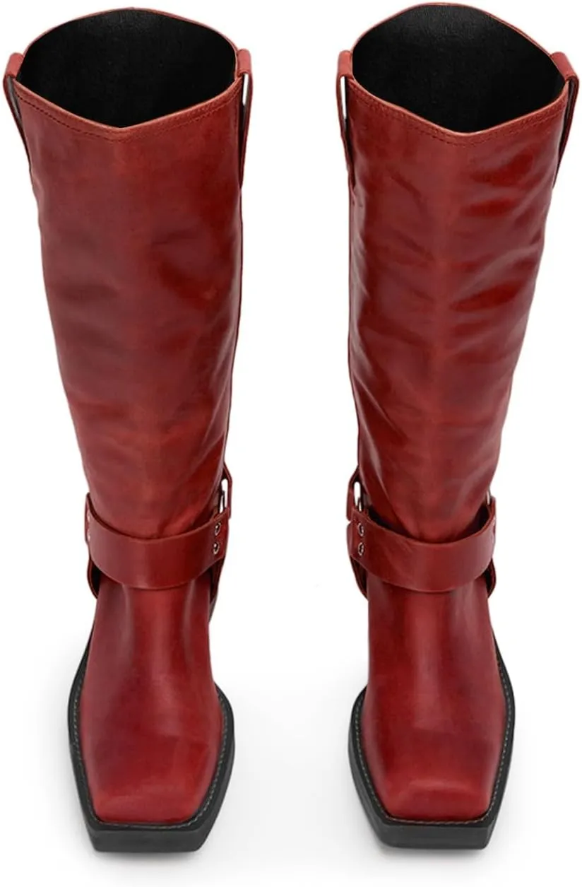 FIFSY Women's Knee High Boots Slip On Riding Boots Buckle Boots for Women Sexy Squared Toe Low Chunky High Heel Tall Motorcycle Boots Women's Low Heel 1-2" Boots Dance Party Booties