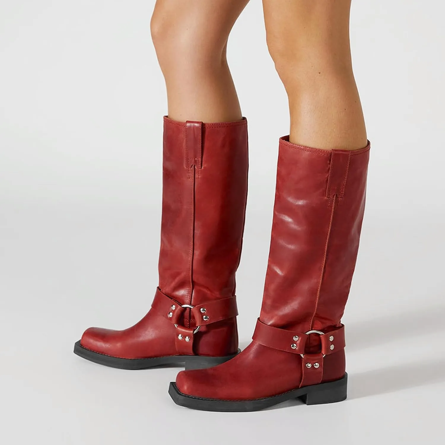 FIFSY Women's Knee High Boots Slip On Riding Boots Buckle Boots for Women Sexy Squared Toe Low Chunky High Heel Tall Motorcycle Boots Women's Low Heel 1-2" Boots Dance Party Booties