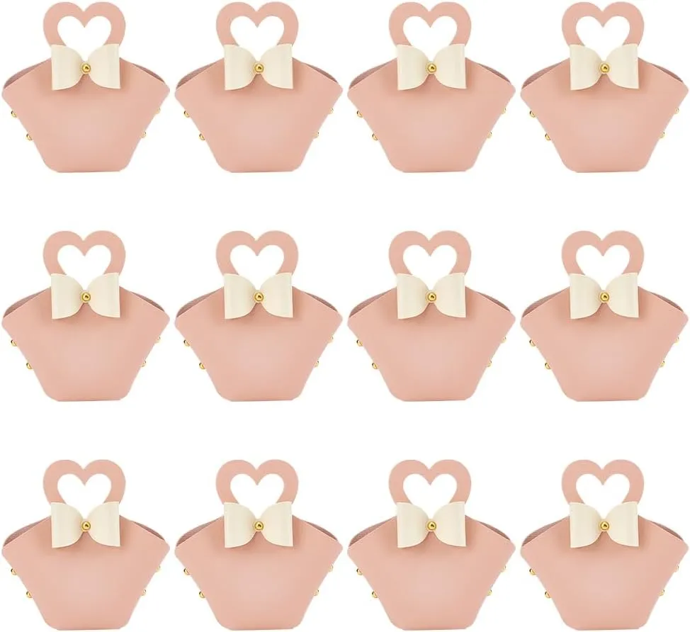 FINGERINSPIRE 12 Sets Leather Bowknot Gift Boxes with Handle 6.3x4.9x2inch Pink Reusable Mini Handbag Treat Box Wedding Candy Gift Bags with Heart-shape Handle for Wedding Baby Shower Birthday Party