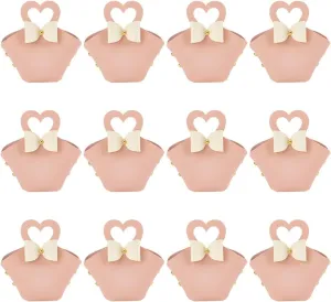 FINGERINSPIRE 12 Sets Leather Bowknot Gift Boxes with Handle 6.3x4.9x2inch Pink Reusable Mini Handbag Treat Box Wedding Candy Gift Bags with Heart-shape Handle for Wedding Baby Shower Birthday Party