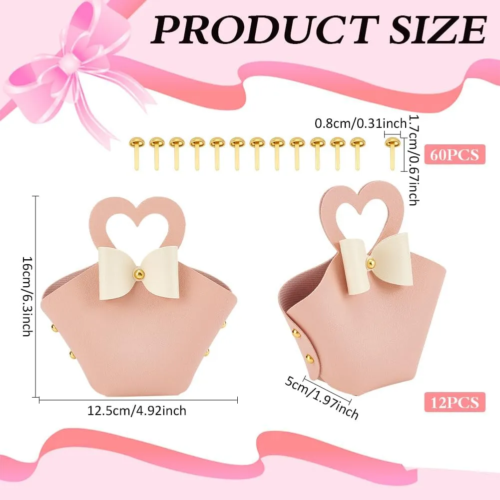 FINGERINSPIRE 12 Sets Leather Bowknot Gift Boxes with Handle 6.3x4.9x2inch Pink Reusable Mini Handbag Treat Box Wedding Candy Gift Bags with Heart-shape Handle for Wedding Baby Shower Birthday Party