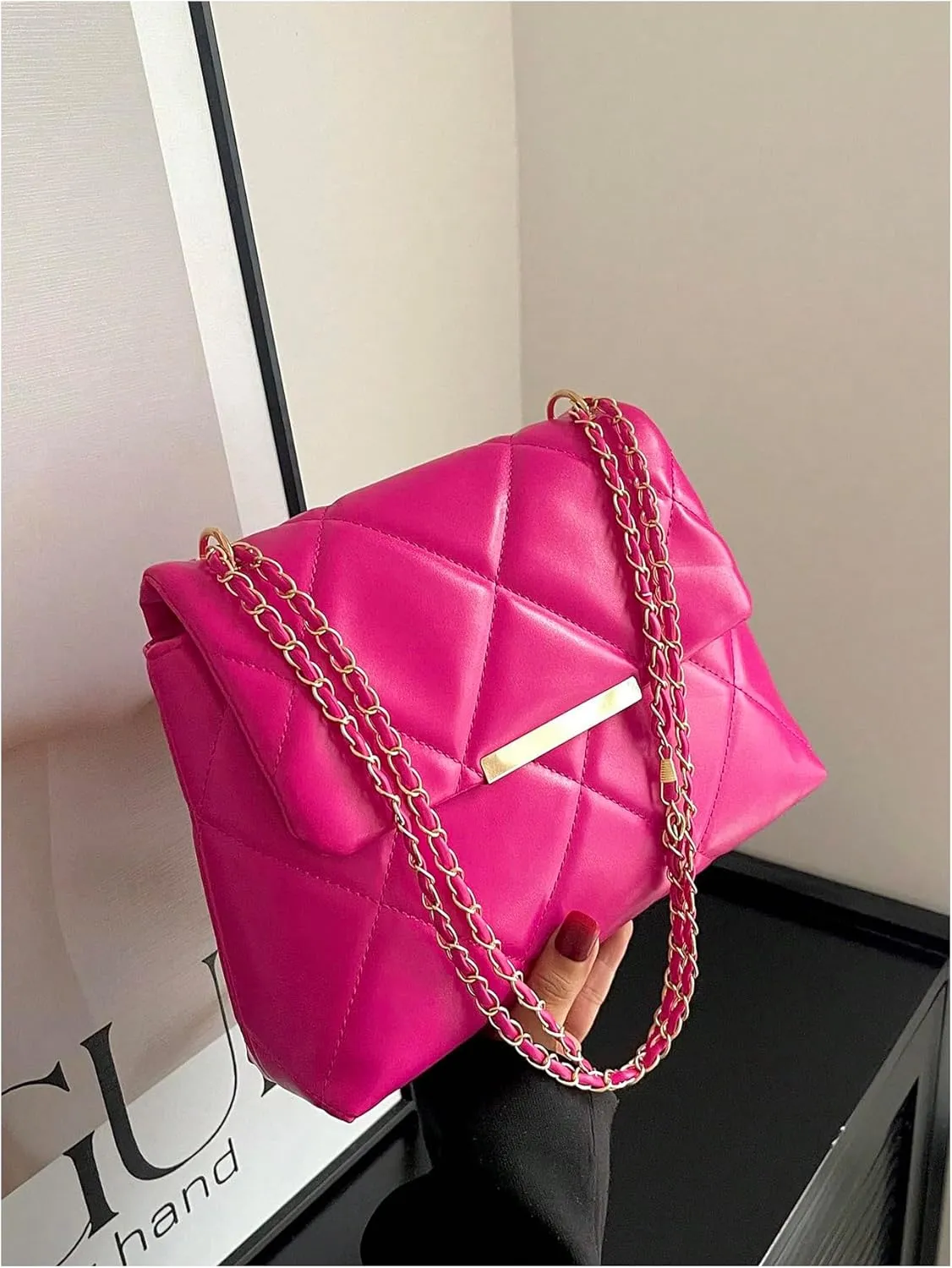 Floerns Women's Quilted Tote Bag Square Bag Leather Clutch Purse Flap Shoulder Bag