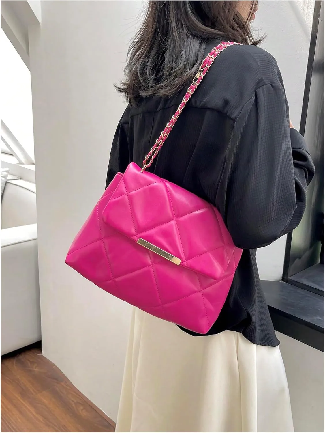Floerns Women's Quilted Tote Bag Square Bag Leather Clutch Purse Flap Shoulder Bag