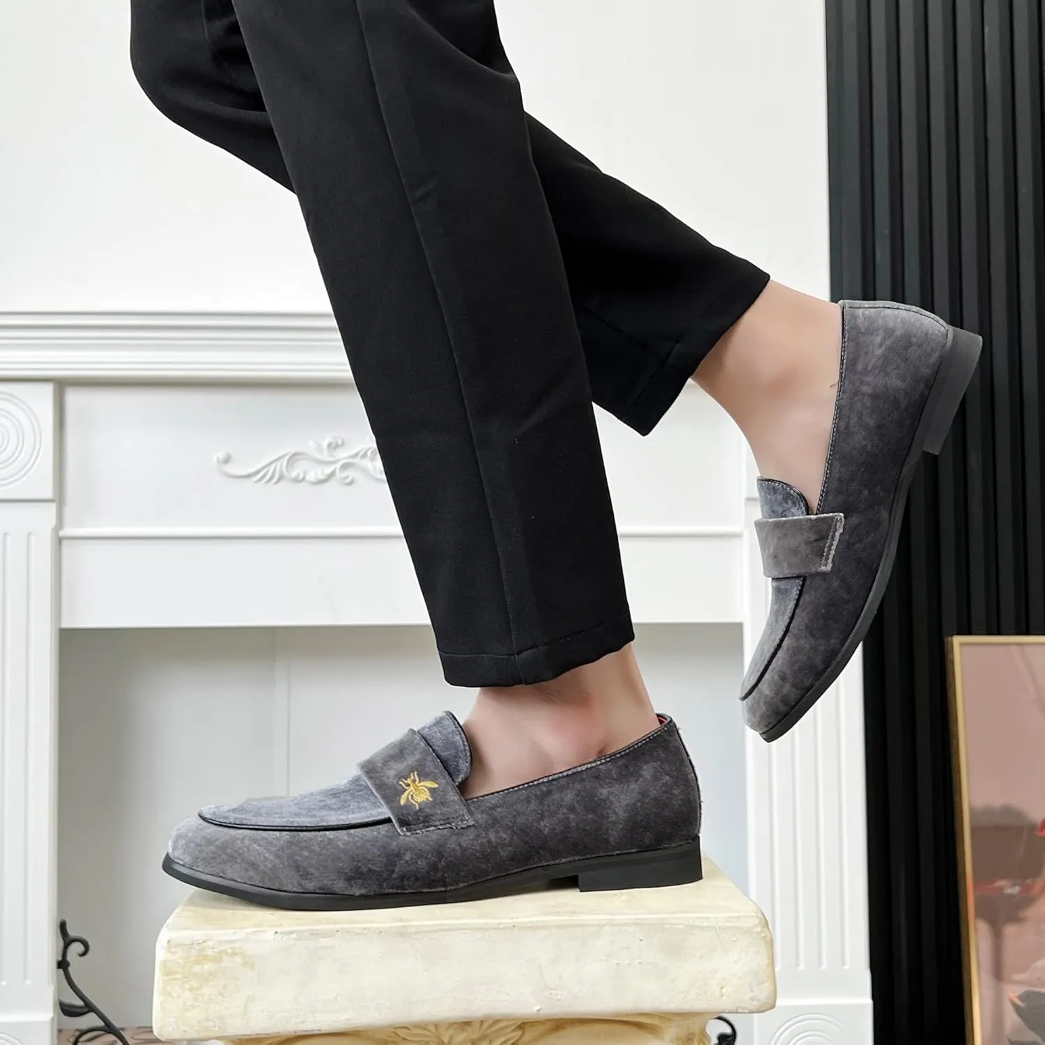 FLQL Men's Luxury Penny Loafer Slip-On Velvet Shoes Party Dancing Shoes Suede Wedding Shoes Plus Size 7-13