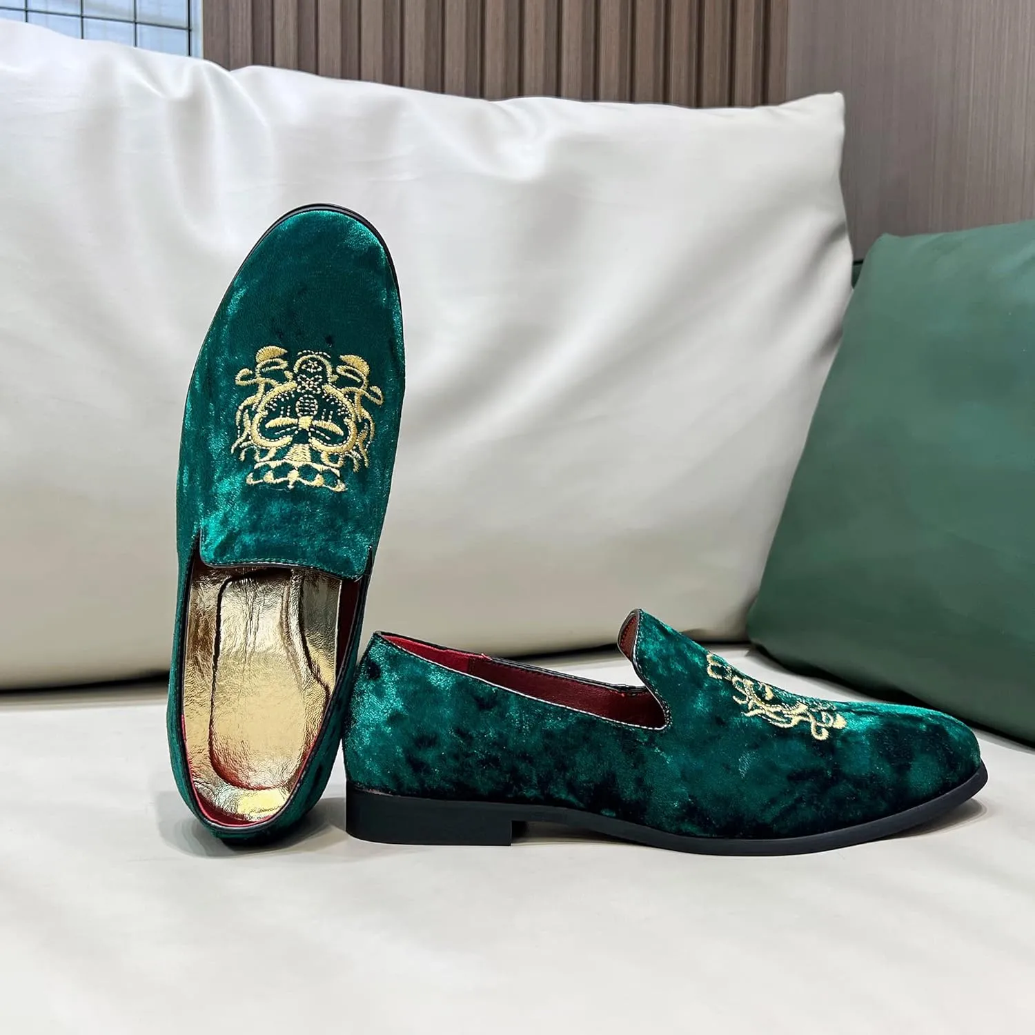 FLQL Men's Luxury Velvet Penny Loafers Shoes Embroidery Suede Dress Loafers Daily Boats Shoes for Party Wedding Prom Size 7-13