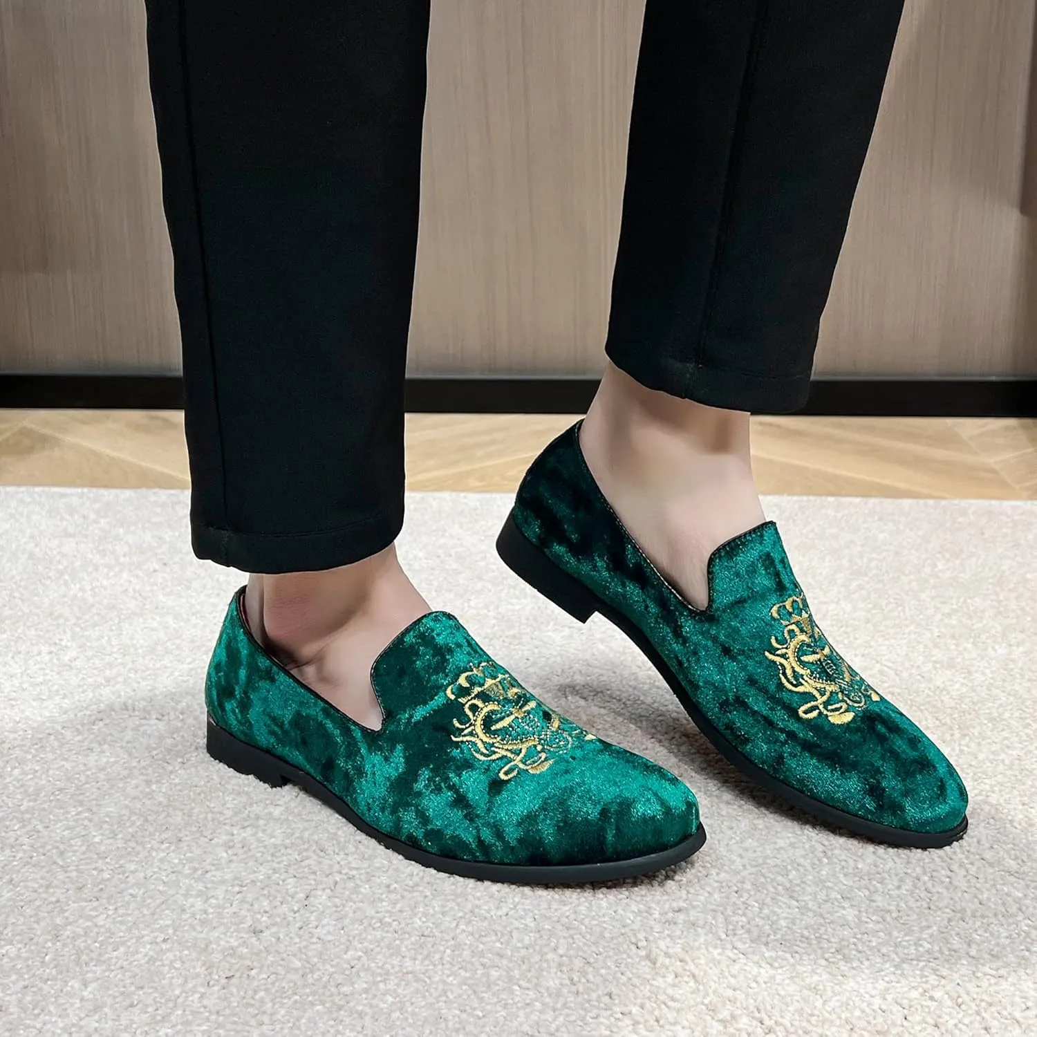 FLQL Men's Luxury Velvet Penny Loafers Shoes Embroidery Suede Dress Loafers Daily Boats Shoes for Party Wedding Prom Size 7-13