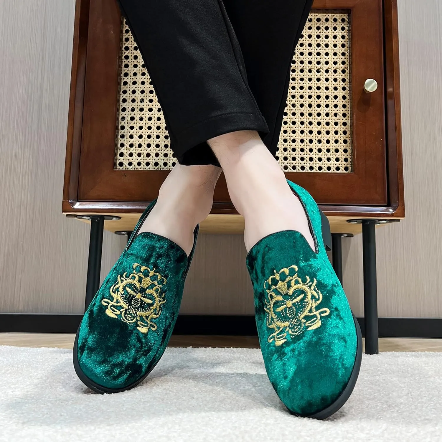 FLQL Men's Luxury Velvet Penny Loafers Shoes Embroidery Suede Dress Loafers Daily Boats Shoes for Party Wedding Prom Size 7-13