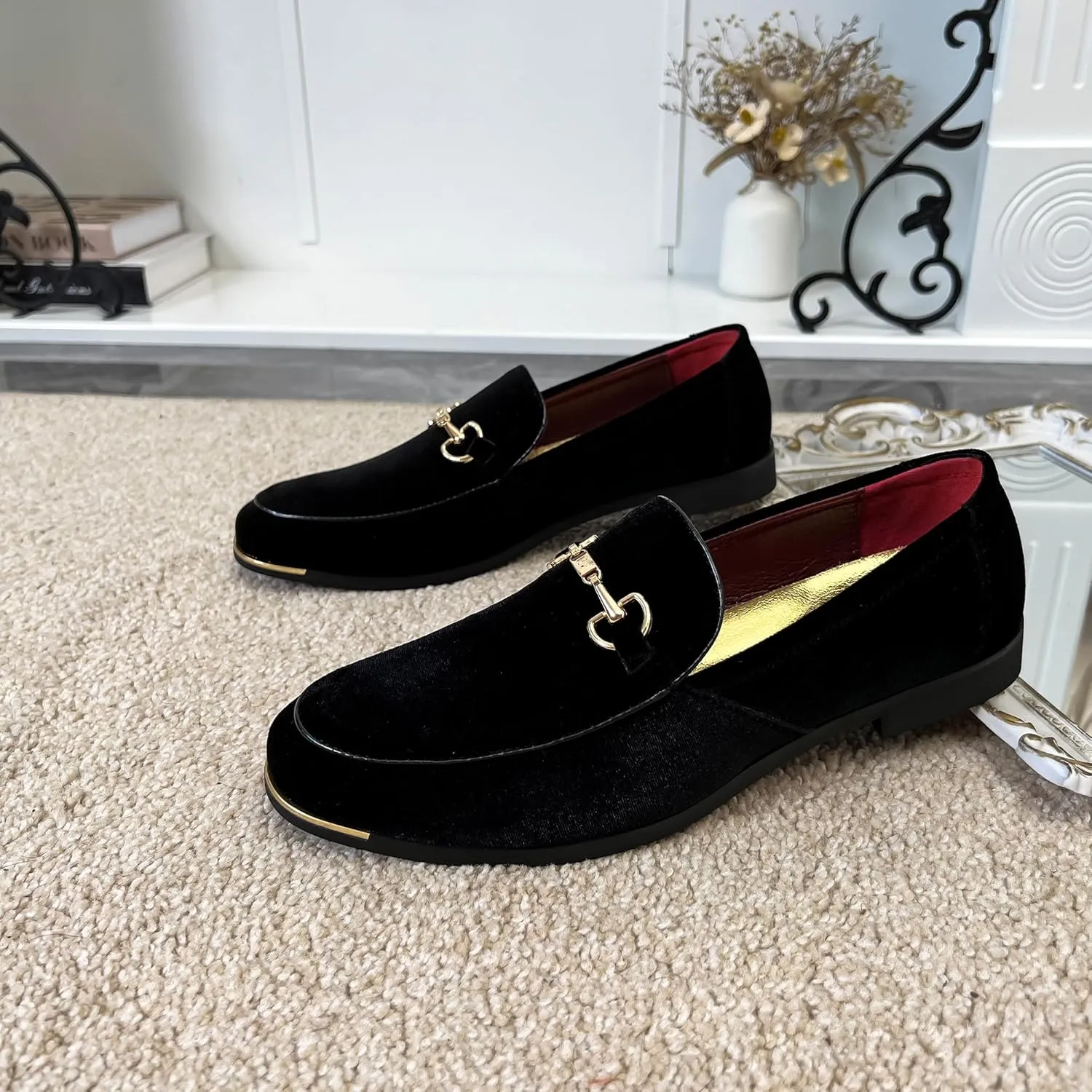 FLQL Men's Luxury Velvet Penny Loafers Shoes Embroidery Suede Dress Loafers Daily Boats Shoes for Party Wedding Prom Size 7-13
