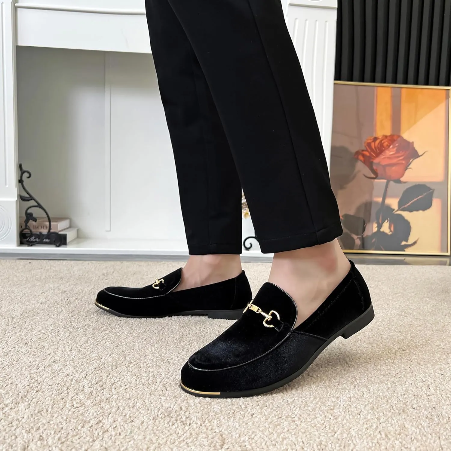 FLQL Men's Luxury Velvet Penny Loafers Shoes Embroidery Suede Dress Loafers Daily Boats Shoes for Party Wedding Prom Size 7-13