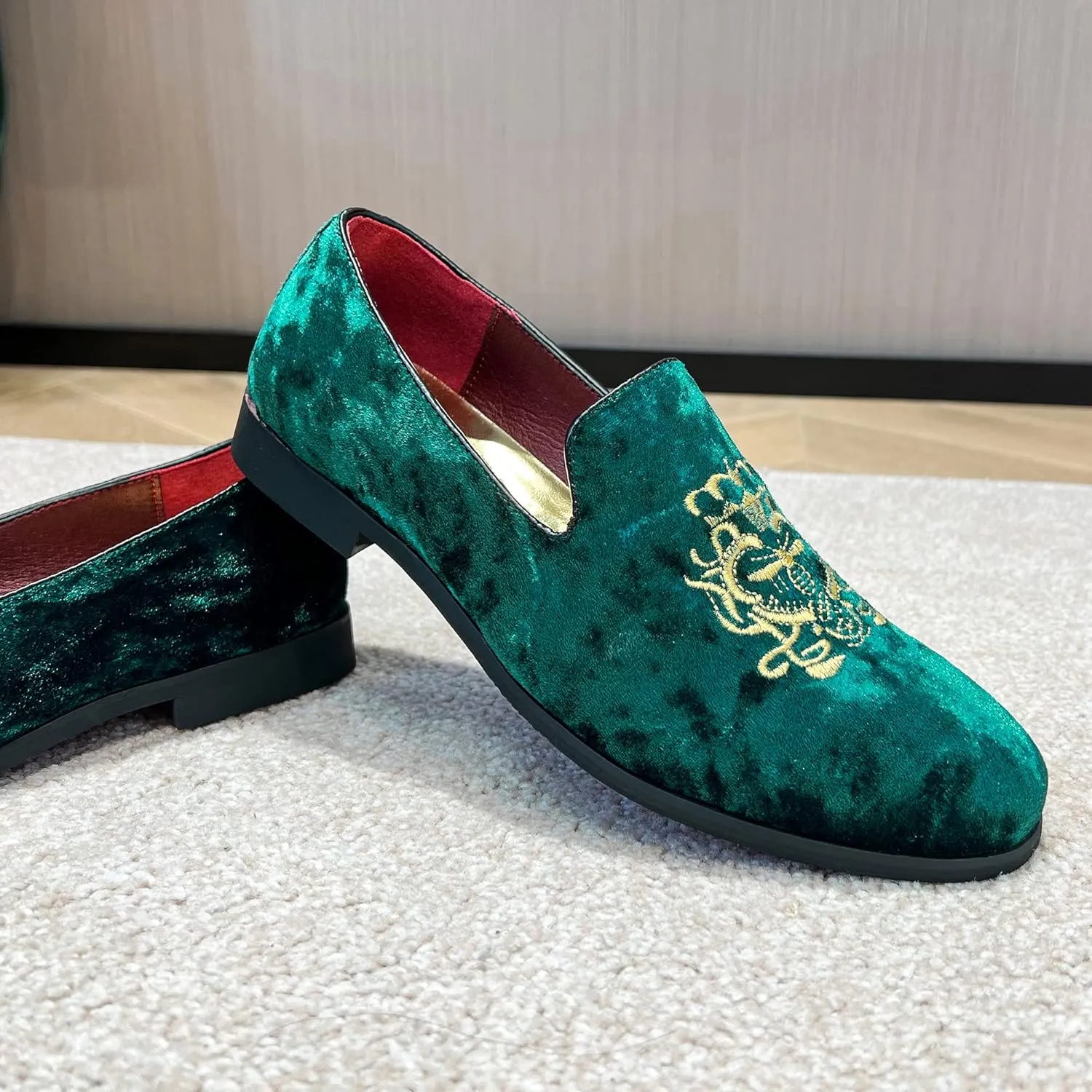 FLQL Men's Luxury Velvet Penny Loafers Shoes Embroidery Suede Dress Loafers Daily Boats Shoes for Party Wedding Prom Size 7-13