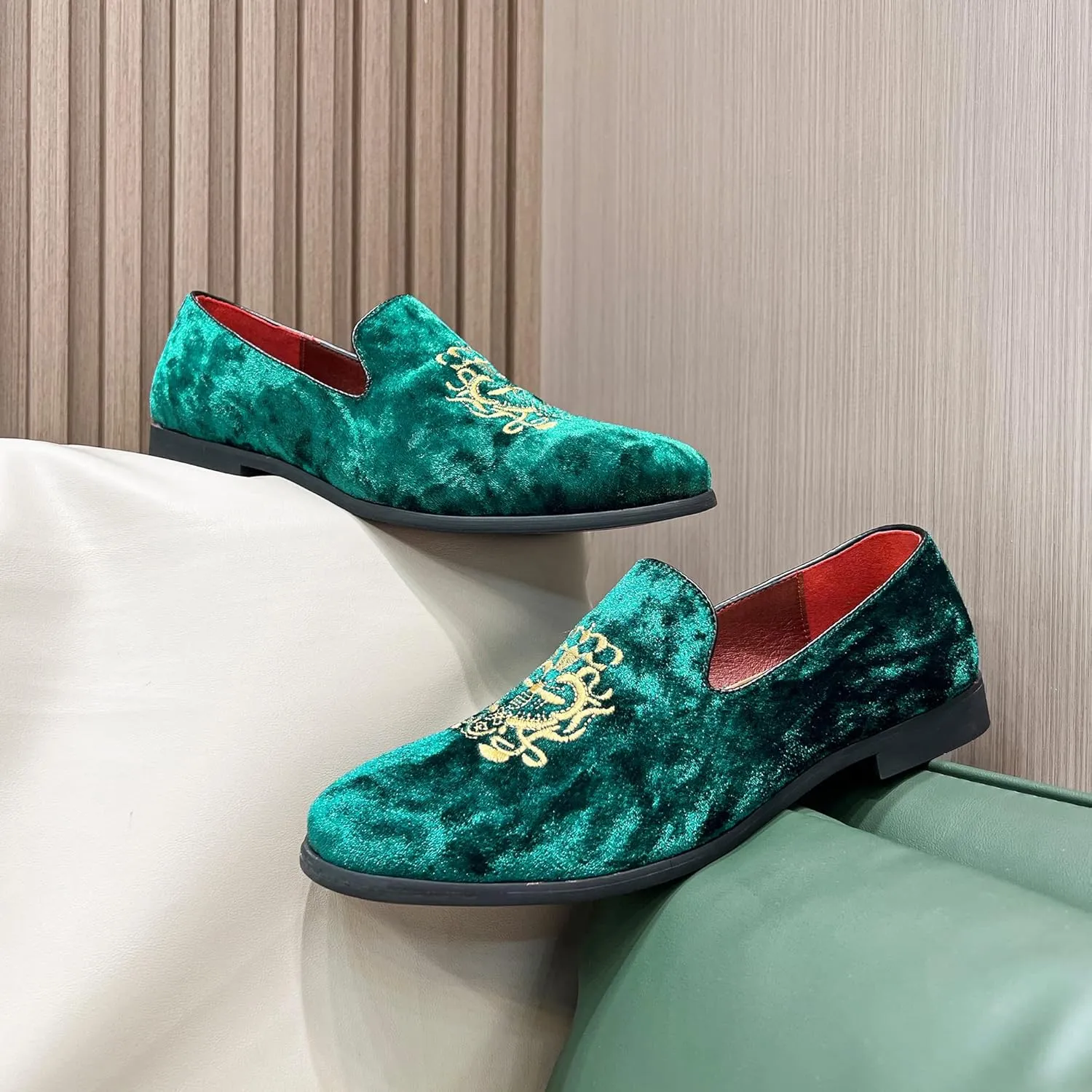 FLQL Men's Luxury Velvet Penny Loafers Shoes Embroidery Suede Dress Loafers Daily Boats Shoes for Party Wedding Prom Size 7-13