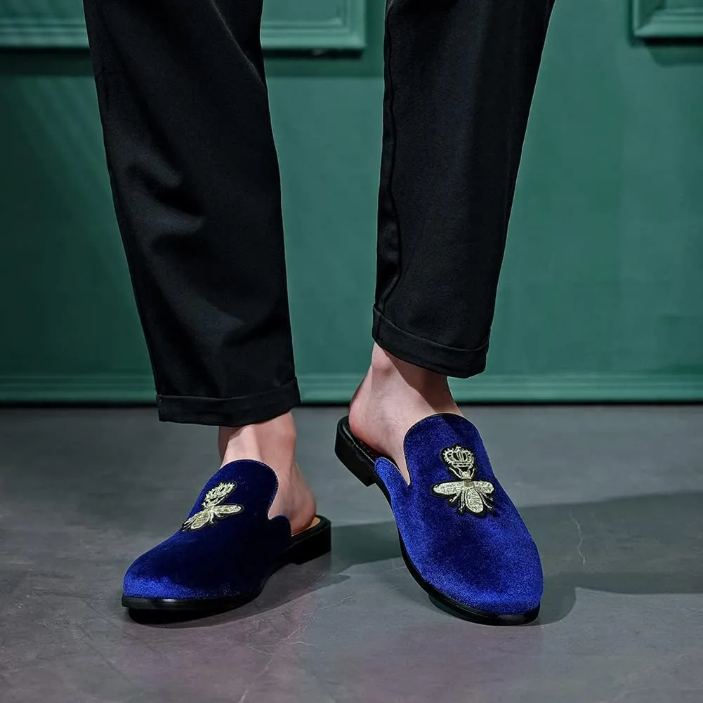 FLQL Mens Shoes Luxury Velvet Gold Buckle Slip-on Penny Loafers Casual Smoking Slippers Indoor Outdoor Sandals Black Size 7-13