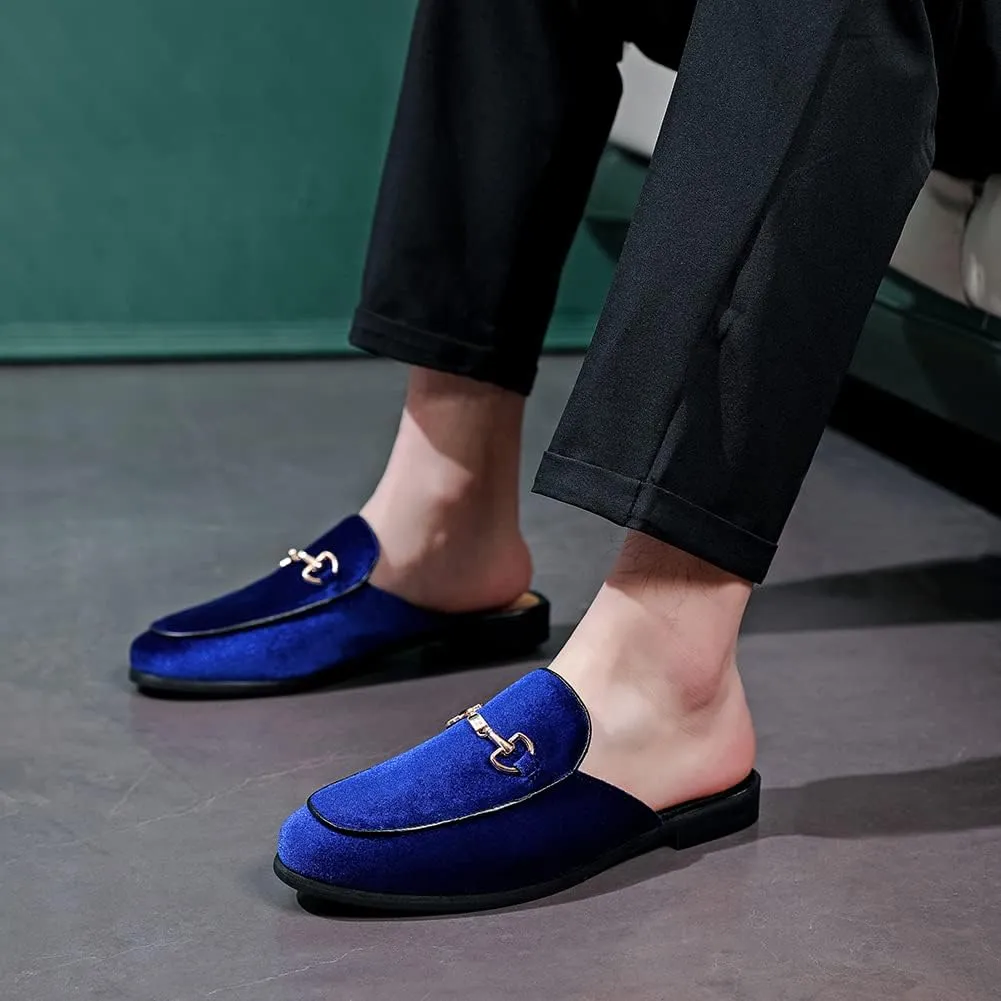 FLQL Mens Shoes Luxury Velvet Gold Buckle Slip-on Penny Loafers Casual Smoking Slippers Indoor Outdoor Sandals Black Size 7-13